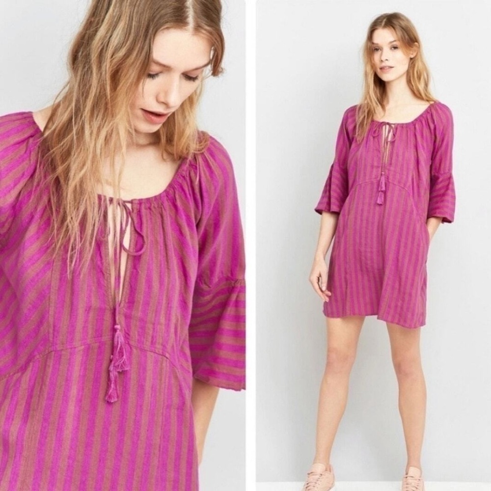 NWT Free People Purple Folk Town Linen Stripe Mini Dress XS